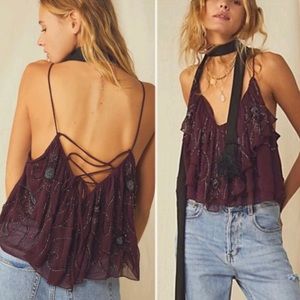 Free People Plum Beaded Ruffle Lace-Up Tank